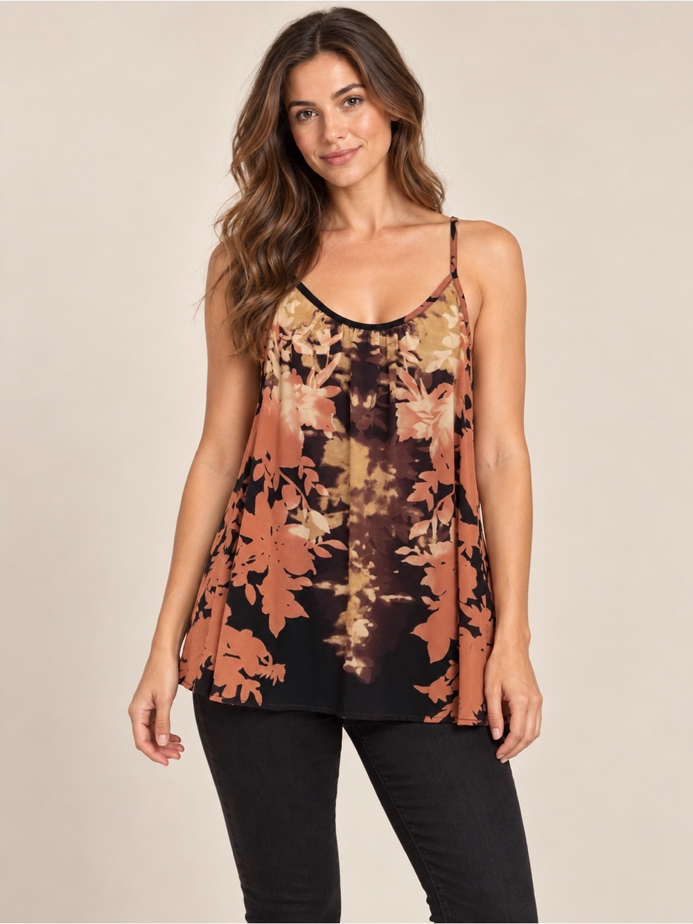 CAbi XS Abstract Floral Chiffon Swing Tank Top Brown Rust Boho